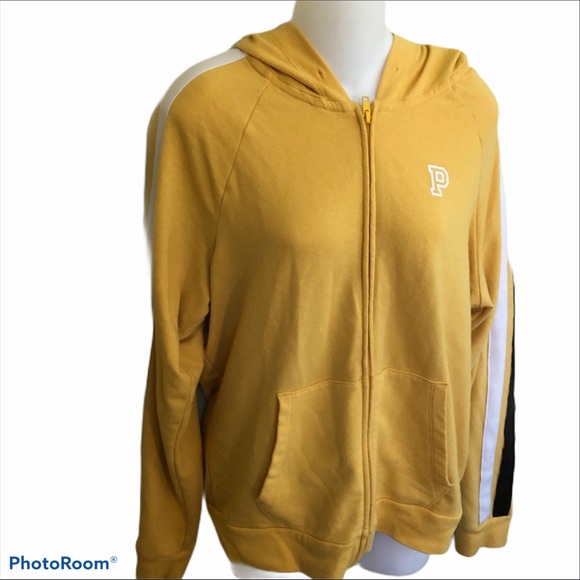 black hoodie with yellow stripe